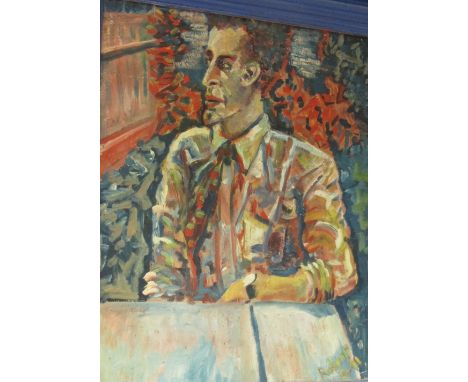 Robert Bruce Hobhouse (British, 20th Century) - Portrait of Rollo - signed lower right, oil on board, in a blue painted frame