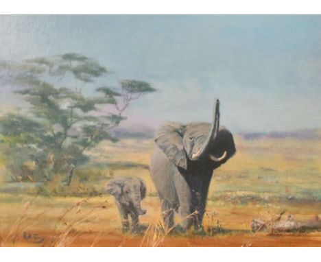 R A Jones (British, 20th Century) - African Elephant mother and child, signed lower left "R A Jones", oil on board, 29 x 39cm