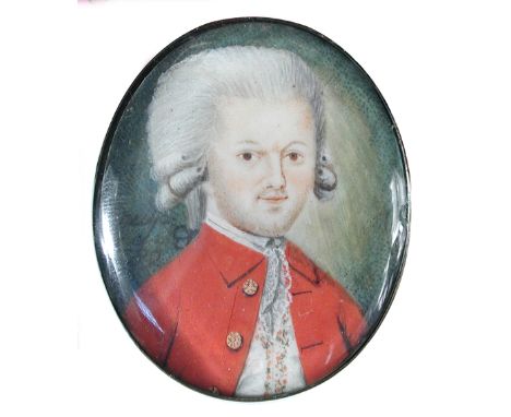 English School  (18th Century) Portrait miniature of a Gentleman in a powdered wig wearing a red coat and lace cravat signed 