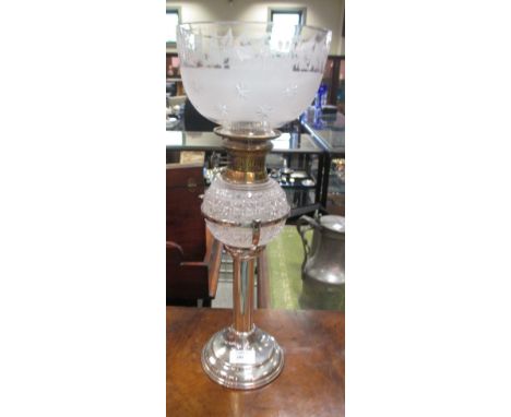 Hukin & Heath plated oil lamp with column support and fern leaf etched glass shade, marked to underside and serial number 748