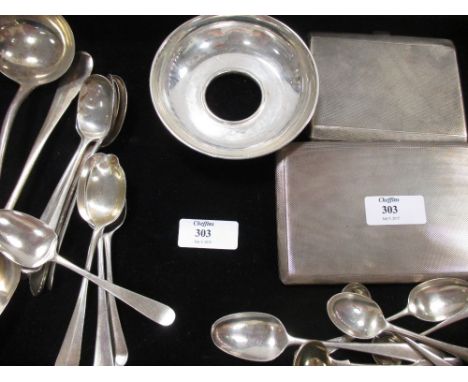 Two silver cigarette cases, together with a George III sauce ladle and a collection of various silver spoons and other items,