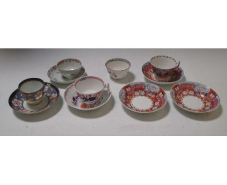 A New Hall 'Boy at the Window' tea cup and three saucers, a 1318 pattern coffee cup and saucer, a tea bowl, a Keeling X227 pa