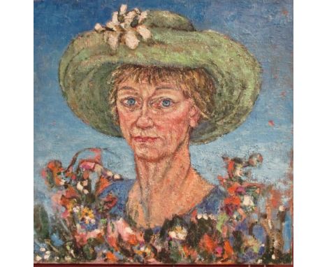 Lois Tilbrook (British, 20th Century) Self-portrait of the artist in a hat, signed on the reverse "Lois Tilbrook 2002", oil o