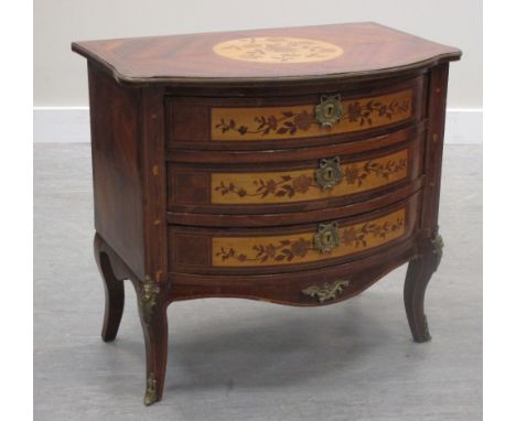 An old reproduction marquetry inlaid and gilt metal mounted mahogany commode, 72cm(h) x 79cm(w) x 54cm(d) 