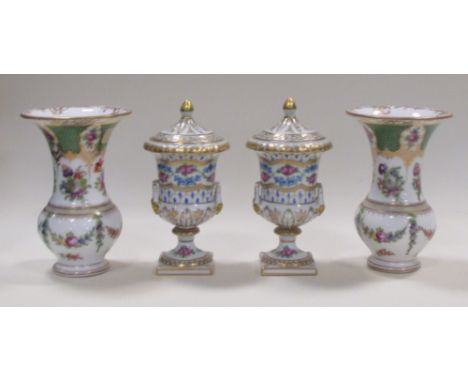 A pair of Dresden vases and covers and another similar pair 