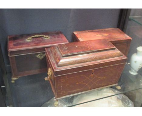 A Regency rosewood sarcophogus tea caddy and two George III examples in need of repair (3) 