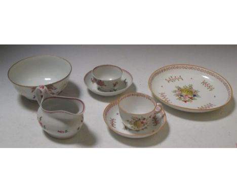 A New Hall 1045 pattern dish, tea cup and saucer, 594 pattern milk jug, tea cup and saucer and a 480 pattern bowl 