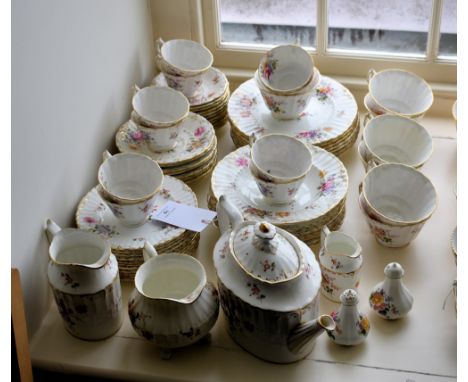 A Royal Crown Derby floral decorated part dinner service, 1950s-60s, green-blue factory marks, comprising a teapot; a milk ju