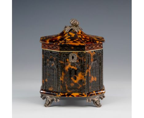 A fine George IV octagonal silver mounted pressed tortoiseshell tea caddy, the silver fittings hallmarked E. E. J. & W. Barna