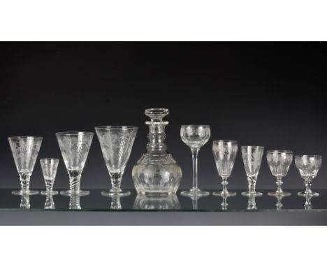 An extensive composite suite of wheel engraved drinking glasses, decorated with fruiting vines, comprising mainly Webb glasse