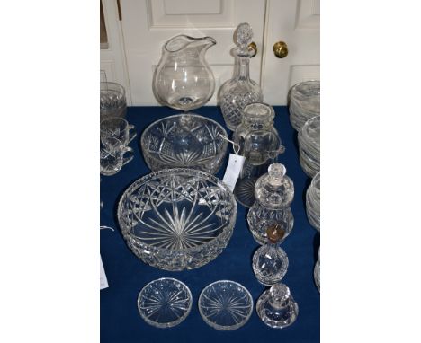 A small collection of cut glass, early to mid-20th century, including a decanter, two trifle bowls, a stemmed blown glass ste
