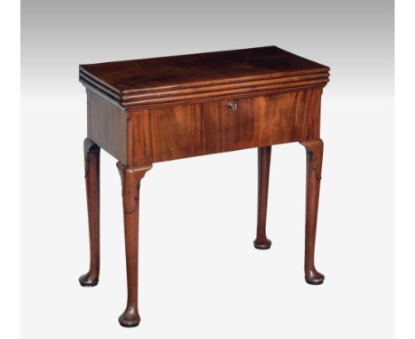 A George II red walnut triple top tea, card and writing table, the rectangular triple-flap top with tea table top, card table