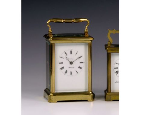 A French brass chiming carriage clock, c.1900, possibly by Couaillet, with Corniche case, white Roman enamel dial signed by r