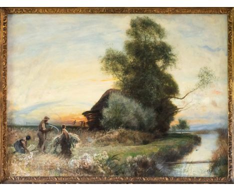 Robert Walker Macbeth, RA, RI, RPE, RWS (British, 1848-1910), Haymakers by a river at sunset , oil on canvas, signed with ini