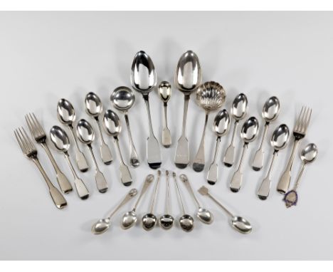 A small collection of 19th and early 20th century flatware, including a pair of George IV fiddle pattern table spoons, Richar