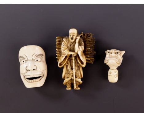 Three Japanese carved ivories, Meiji period (1868-1912), comprising a small okimono of a man carrying a large bundle of stick