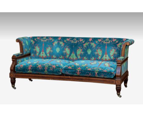 A William IV simulated rosewood and fruitwood sofa, the rectangular back with scrolled winged sides and squab cushions covere