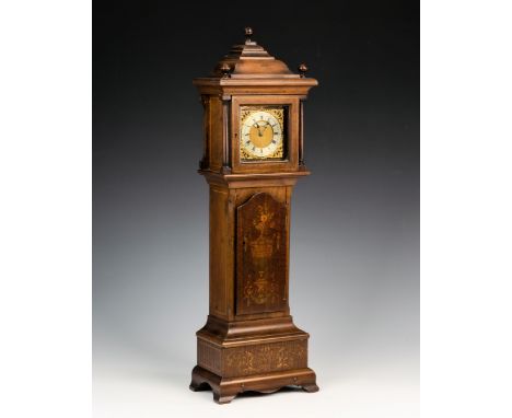 A mahogany and marquetry miniature longcase clock with Drocourt movement, late 19th century, the gong strike Drocourt signed 