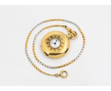 An Omega 18ct gold ladies fob half hunter watch, 1910s-20s, the 33mm. polished gold case with black enamelled Arabic chapter 
