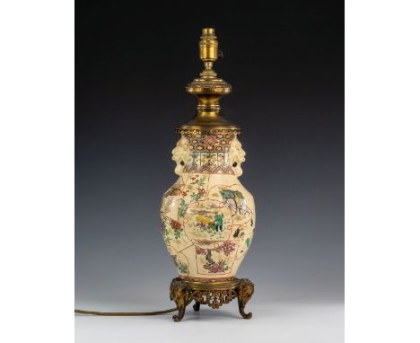 A Chinese crackle glazed earthenware vase lamp, early 20th century, of shouldered baluster form, with twin Kylin mask handles