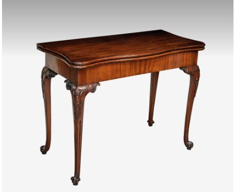 A George III Hepplewhite mahogany serpentine fronted card table, concertina action, with beige baize lined top and plain frie