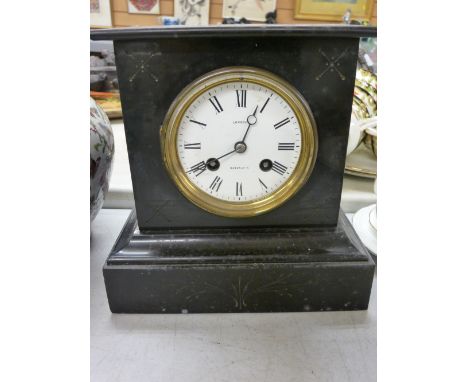 Victorian slate mantel clock, the dial marked 'Loveday, Wakefield' with bell strike movement, with key