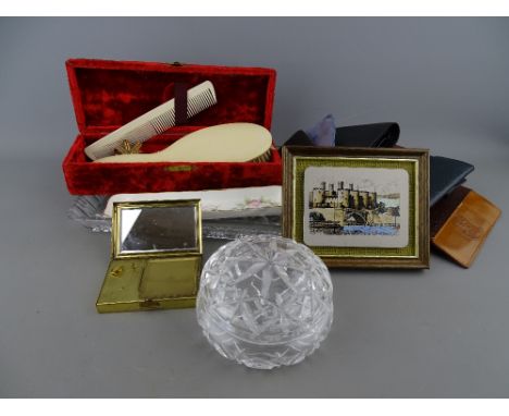 Quantity of leather wallets, a velvet boxed brush and comb and set, a glass dressing table tray with pot and cover etc