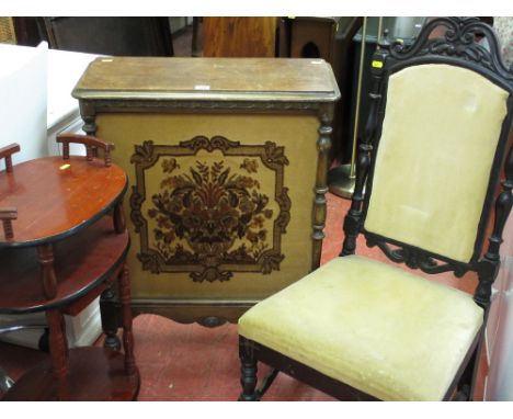 Antique style speaker cabinet with tapestry front, black and upholstered chair and a whatnot