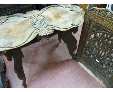 Carved three section fireguard/screen and ornately carved topped occasional table with folding base