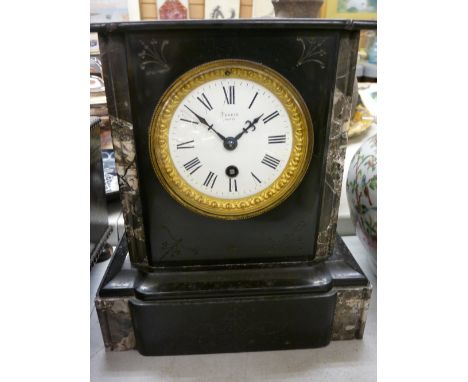 Victorian slate and marble mantel clock, the dial marked 'Perkin, Paris', with key (pendulum absent)