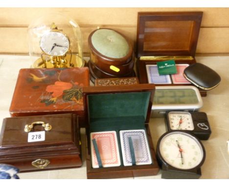 Brass anniversary clock with domed cover, a selection of playing card and other wooden lidded boxes and four various modern a