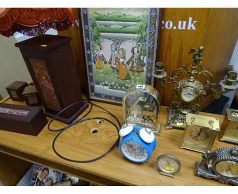 Parcel of items including Oriental print, table lamp, parcel of carriage and mantel clocks etc