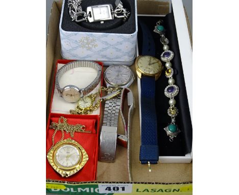 Tissot gold colour lady's wristwatch, a Fossil modern charm bracelet type wristwatch in original packaging along with other l