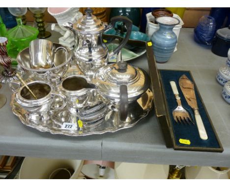 Four piece Mappin &amp; Webb EPNS teaset on a wavy bordered tray, a vintage Ronson table lighter and other plated ware etc