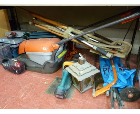 Flymo Hover Compact 330 mower, cordless hedge trimmer, parcel of long handled garden tools, cantilever toolbox and contents, 