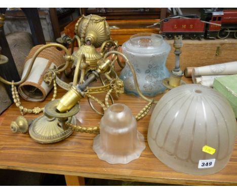 Vintage Regency style five branch ceiling light with goat's head and ribbon swag detail along with a Victorian oil lamp, etch