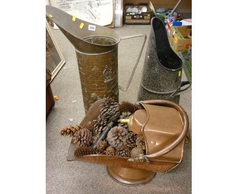 Good helmet shaped copper coal scuttle and two others