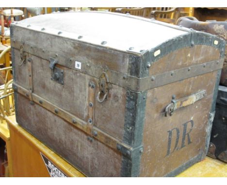 Wooden and metal banded dome topped trunk with initials 'D R'