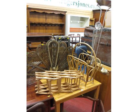 Small square light wood table, bamboo magazine rack, small wooden concertina wine rack, ornate polished brass fan shaped scre