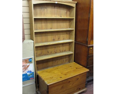 Vintage pine multi-shelf bookcase and a pine rectangular storage box