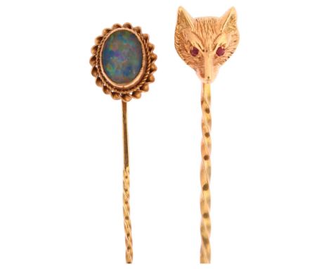 2 x 9ct gold stone set stickpins, including Antique fox mask example, and opal triplet, fox-head height 11mm, 3.5g total (2)N