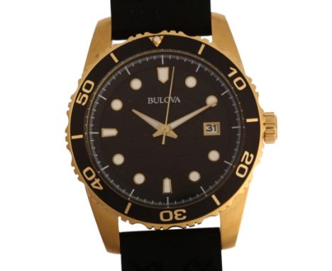 BULOVA - a gold plated stainless steel Classic Sports quartz wristwatch, ref. 98B261, black dial with luminous dot and arrowh