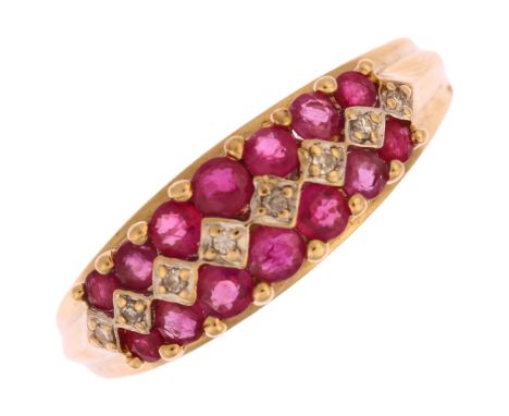 A modern 9ct gold ruby and diamond half hoop ring, setting height 6.9mm, size R, 2.9gNo damage or repairs, all stones present
