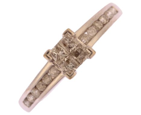 A modern 9ct white gold diamond square cluster ring, set with Princess-cut diamonds and modern round brilliant-cut diamond sh
