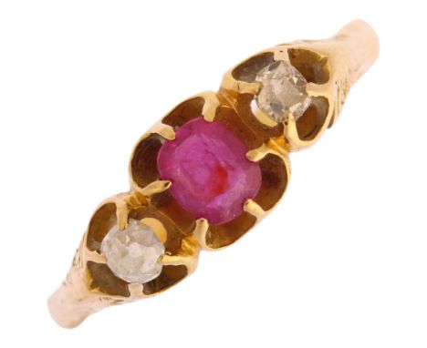 An early 20th century 18ct gold three stone synthetic ruby and diamond gypsy ring, ruby measures: 4.34 x 3.90 x 2.16mm, total