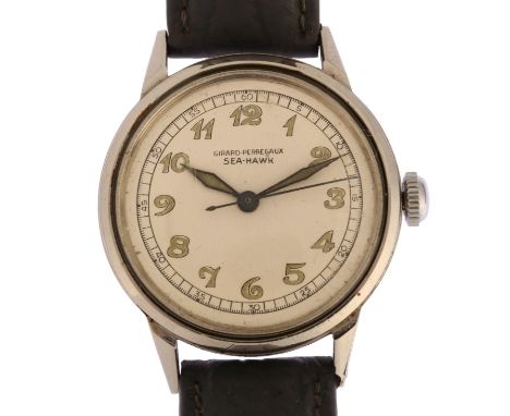 GIRARD-PERREGAUX - a stainless steel Sea-Hawk mechanical wristwatch, circa 1950s, silvered dial with Arabic numerals, luminou