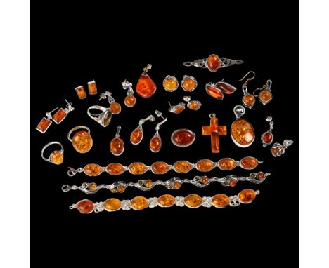 A quantity of modern sterling silver and Baltic amber jewellery, including bracelet, rings, earrings etc, 105g totalLot sold 