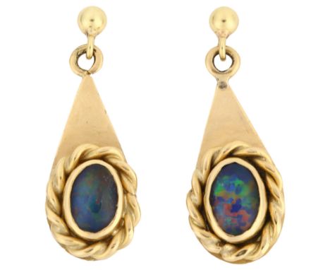 A pair of late 20th century 18ct gold opal triplet drop earrings, with rope twist surround and stud fittings, maker's marks A