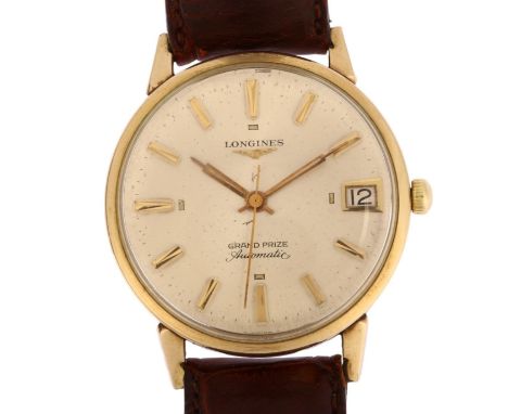LONGINES - an American 10k gold filled Grand Prize automatic wristwatch, silvered dial with gilt baton hour markers, sweep ce
