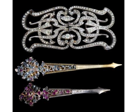 2 Victorian silver-gilt ruby and paste turban pins, Ceylon, length 93.3mm, and a Victorian paste buckle, 110.6g total (3)1 pi